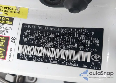 2010 Toyota Corolla Le from USA, damaged, VIN 2T1BU4EE5AC407733